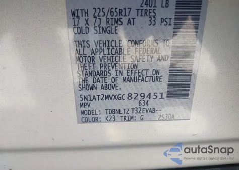 2016 Nissan Rogue Sv z USA, uszkodzony, nr VIN 5N1AT2MVXGC829451